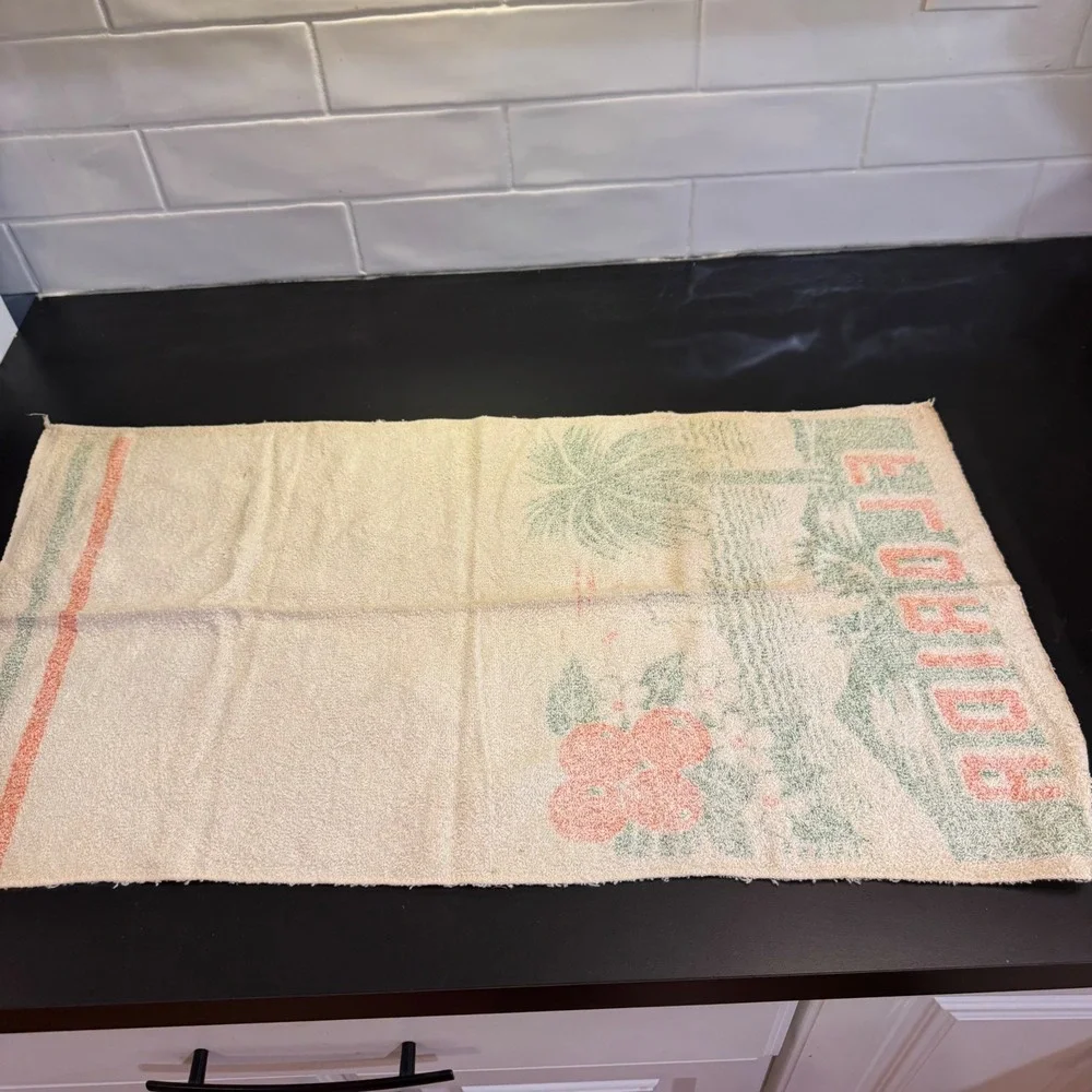 Vintage Florida Souvenir Hand Towel Cream Green Orange Palm Trees Oranges Retro